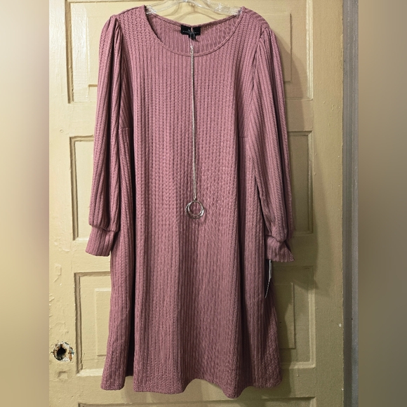AGB Mauve Long Sleeve Ribbed Dress W/ Necklace NWT Size: 1X - Picture 1 of 4
